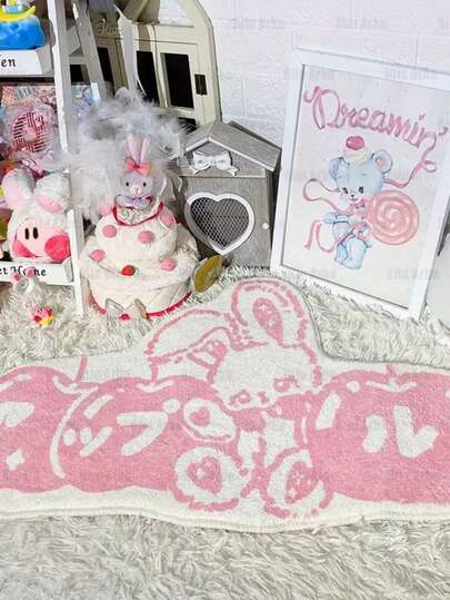 1 pieza Alfombra de piso con diseño de conejo rosa lindo, estilo japonés, alfombra decorativa, decoración de dormitorio, alfombra pequeña, alfombra, decoración del hogar, alfombra de sala de estar, alfombra pequeña de sala de estar, alfombra de dormitorio, decoración del hogar de sala de estar, alfombra de exterior, alfombra lavable
