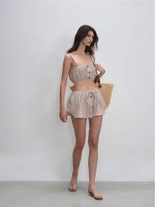 Bộ áo hai dây và quần short kẻ sọc màu nâu Pháp, trang phục mùa hè thoáng mát. - màu nâu - Xem 5