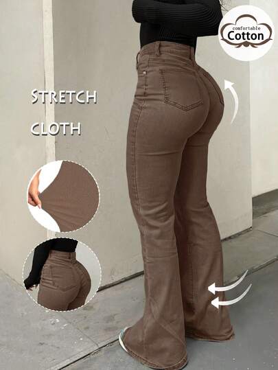 GILIPUR Nuevos jeans acampanados retro Y2K en color marrón para mujer, de cintura alta, ajuste slim y elásticos, elegante moda casual de estilo callejero, ropa vintage de otoño/invierno, adecuados para Año Nuevo, Día de San Valentín y otras festividades, también pueden ser un regalo festivo