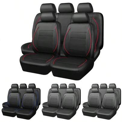Juego de 9 piezas/4 piezas de fundas para asientos de coche, de piel de PU, piel sintética, piel con costura de aguja única, fundas para asientos de coche universales para todas las estaciones, juego completo de fundas para asientos de coche