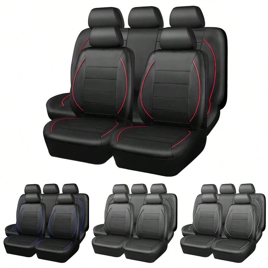 Juego de 9 piezas/4 piezas de fundas para asientos de coche, de piel de PU, piel sintética, piel con costura de aguja única, fundas para asientos de coche universales para todas las estaciones, juego completo de fundas para asientos de coche - Estilo A - Ver 1