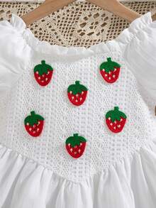 Vestido de niña de longitud hasta la rodilla, de unicolor, con mangas de princesa y dobladillo acampanado, con decoración de frutas en 3D, adecuado para primavera/verano - Blanco - Ver 6