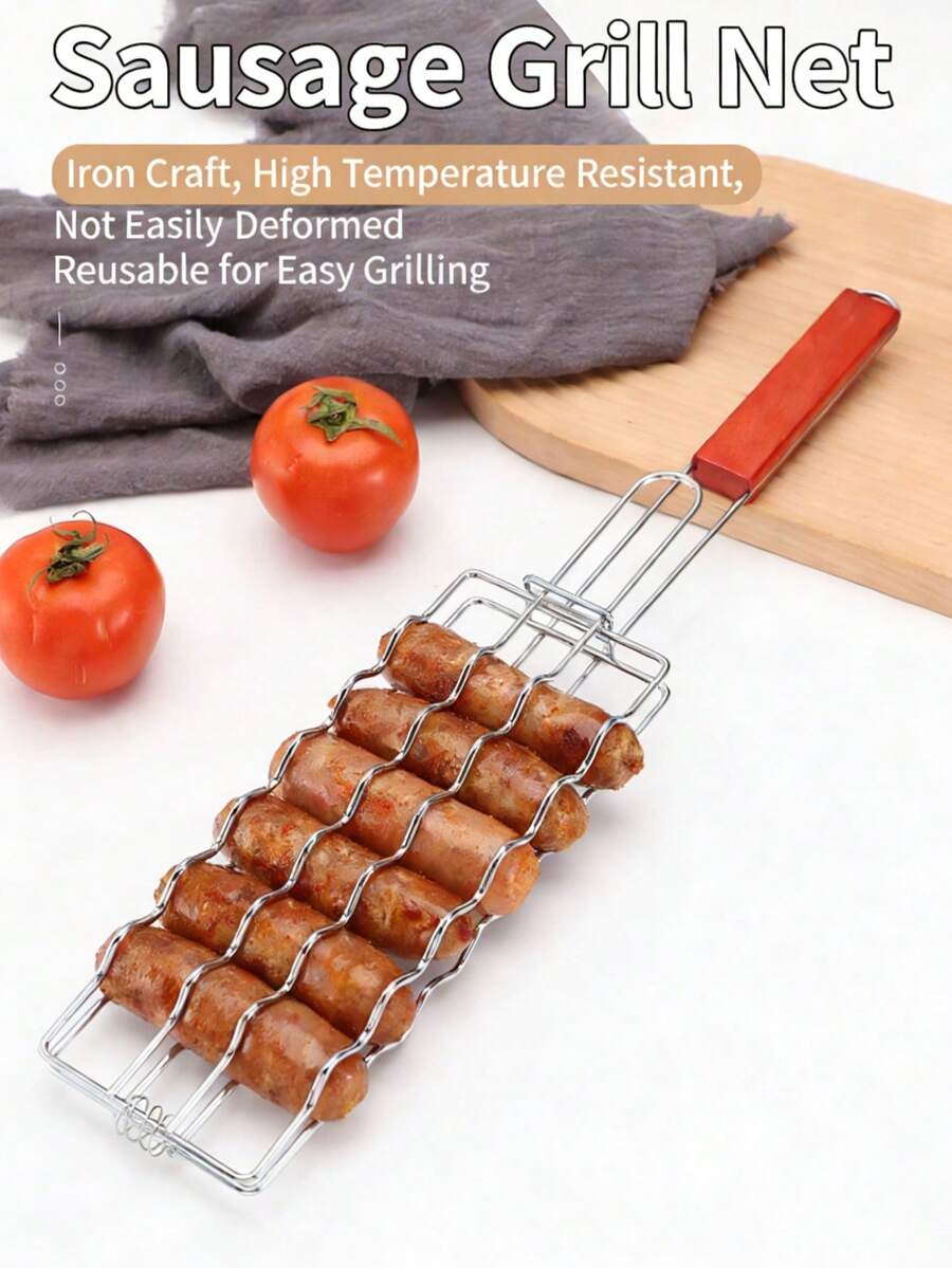 1PC BBQ Hot Dog Rack, Stainless Steel Grilling Basket With Wooden Handle - Lockable Grill Rack, Stainless Steel Sausage Holder, Suitable For Hot Dogs, Sausages, And Vegetables, Compatible With Gas And Charcoal Grills, Perfect For Backyard And Camping Use.