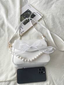 Sweet Lace Bow Pearl Mini Handbag Shoulder Bag - White - View 8