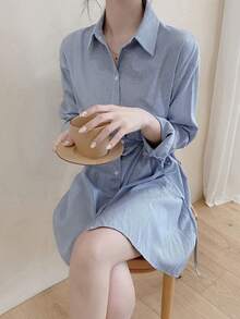 Vestido corto de mujer Vestido camisero de rayas para mujer, de largo medio, versátil y exclusivo, con cinturón y manga larga - Azul - Ver 8