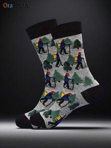 1 paire de chaussettes d'équipage originales pour hommes avec thème d'aventure extérieure (présentant des motifs de randonneurs et de pins), imprimé de bandes dessinées en couleurs contrastées, absorbant l'humidité, résistant aux odeurs, douces et confortables. Convient comme cadeau d'anniversaire, de Noël, pour les activités de plein air, le confort automne/hiver pour les passionnés de randonnée, les amis et la famille - Multicolore - Voir 1