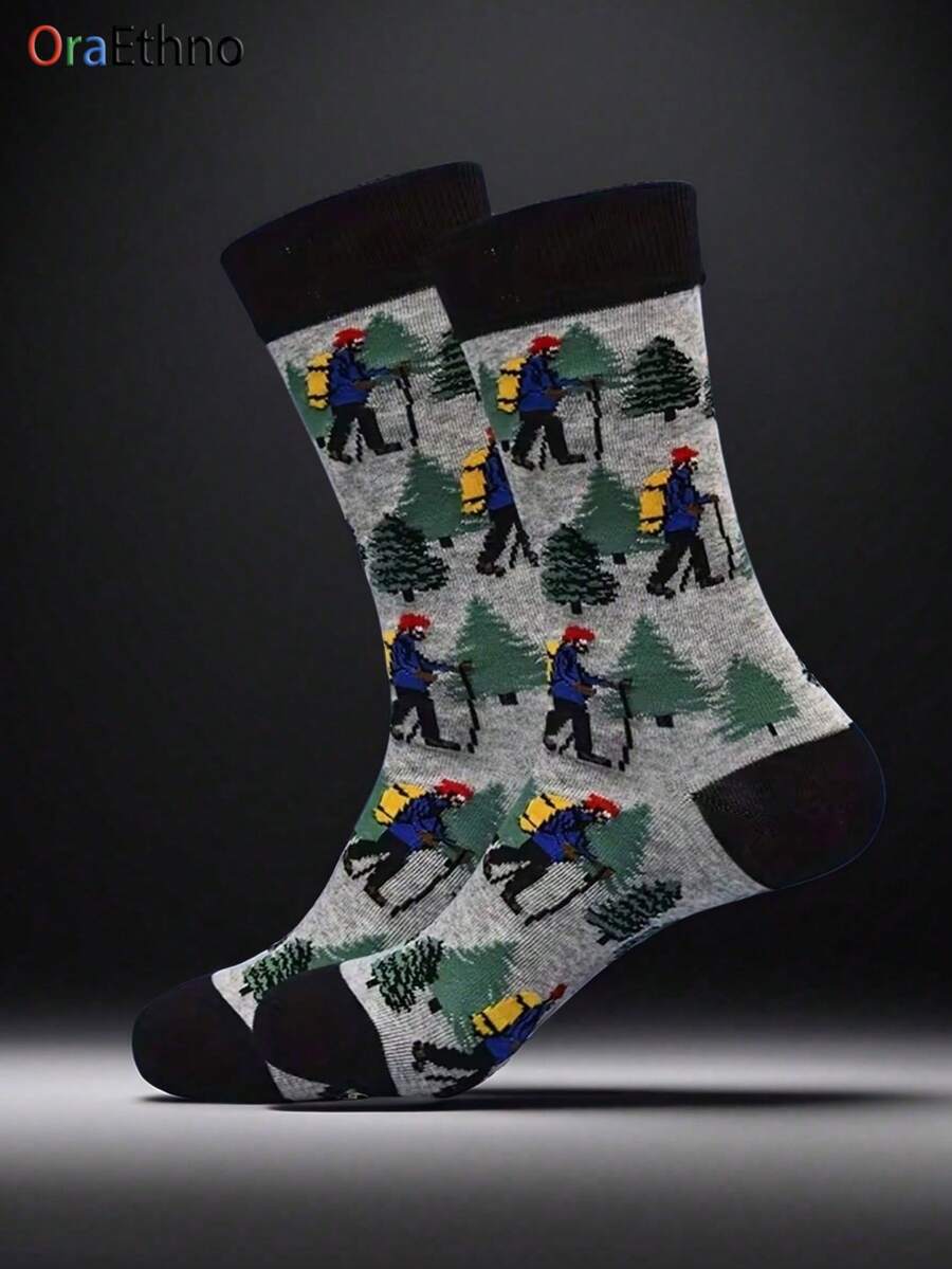 1 paire de chaussettes d'équipage originales pour hommes avec thème d'aventure extérieure (présentant des motifs de randonneurs et de pins), imprimé de bandes dessinées en couleurs contrastées, absorbant l'humidité, résistant aux odeurs, douces et confortables. Convient comme cadeau d'anniversaire, de Noël, pour les activités de plein air, le confort automne/hiver pour les passionnés de randonnée, les amis et la famille - Multicolore - Voir 1