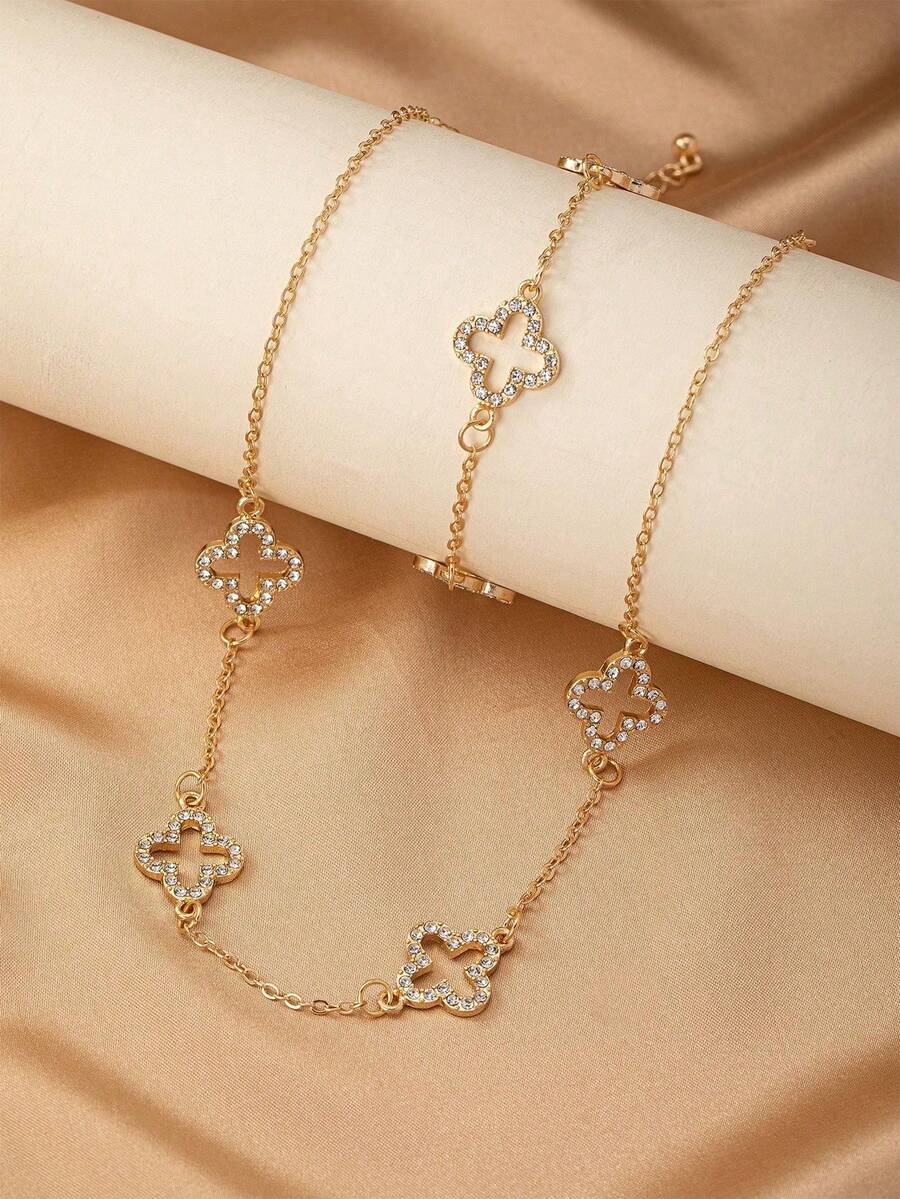 2pcs Fashionable & Elegant High-End Hollow Metallic Four-Leaf Clover Pendant Necklace & Bracelet Set, Suitable For Teenage Girls Everyday And Holiday Wear - Gold - View 1