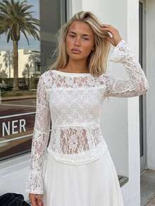 Women's Spring Summer Lace Tops Long Flared Sleeve Round Neck  Slim Fit Blouse - White - View 4