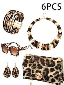 Stylish Leopard Print Bag And Leopard Print Jewelry Set For Women - Alloy Earrings, Bracelet, Necklace Tassel Pendant With Leopard Print Sunglasses- Sexy Street Style Accessories For Daily Wear, Vacation, And All Seasons,Large Capacity Wallet,Perfect Underarm Bag For Commuting,School Bag,Portable,A Party Gift Suitable For Girls,For Teen Girls Women College Students,Banquet Set,White-Collar Workers,Perfect For Work,Back To School - 彩色 - 查看 1