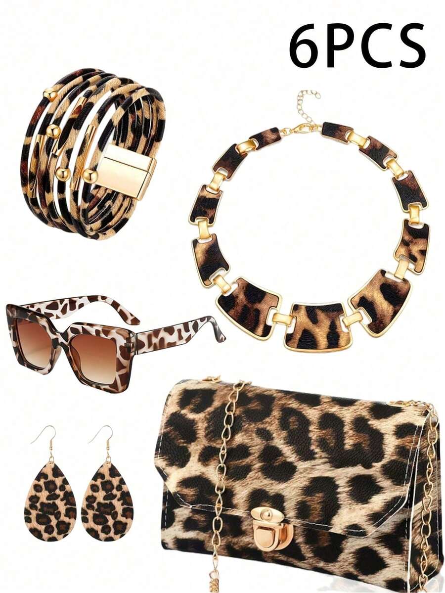 Stylish Leopard Print Bag And Leopard Print Jewelry Set For Women - Alloy Earrings, Bracelet, Necklace Tassel Pendant With Leopard Print Sunglasses- Sexy Street Style Accessories For Daily Wear, Vacation, And All Seasons,Large Capacity Wallet,Perfect Underarm Bag For Commuting,School Bag,Portable,A Party Gift Suitable For Girls,For Teen Girls Women College Students,Banquet Set,White-Collar Workers,Perfect For Work,Back To School - 彩色 - 查看 1