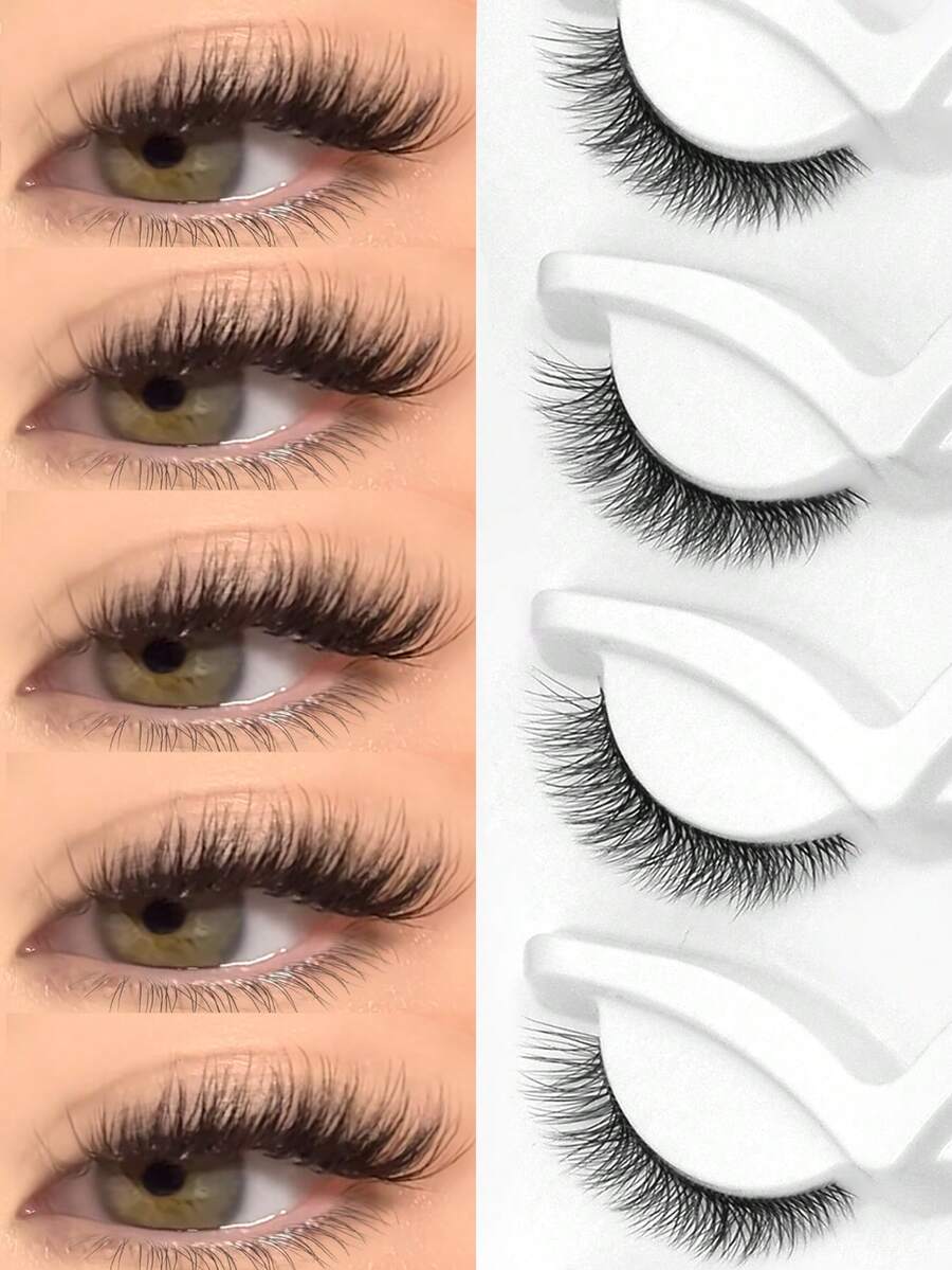 Lasvirey 7对装自然猫眼假睫毛，透明睫毛柄，3D仿貂毛睫毛，蓬松自然，浓密整条假睫毛，可重复使用，适合各种场合 - 黑色 - 查看 1