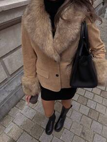 Seelio Autumn/Winter New European & American Fashion Minimalist Suede Leather & Faux Fur Effect Blazer - Light Brown - View 4