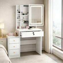 Large Vanity Desk With Light Mirror, Makeup Vanity Dressing Table With 4 Drawers, With Stool And Storage Shelves, Bedroom Vanity Table For Women' S Day (White) - Màu trắng (Không có ghế) - Xem 1