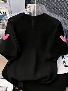 Tween Girls' Cartoon Bear Print Round Neck Loose Casual Short Sleeve T-Shirt - Black - View 2