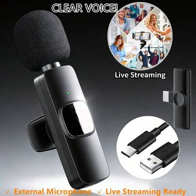 2.4G低延迟无线领夹式麦克风，带降噪功能，通用型，适用于智能手机，电池续航时间长达6小时，适合视频博客、播客和采访等场景。