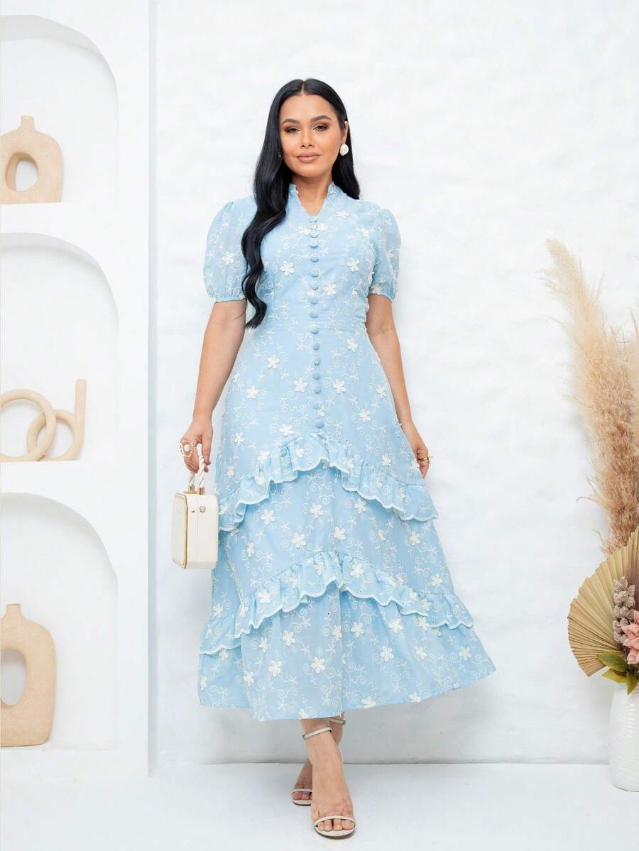 Women's Maxi Dress With Embroidered Appliqués, Puff Sleeves, Layered Skirt, V-Neck, Faux Buttons On The Bust, Elegant, Romantic And Perfect. - 淺藍色 - 查看 1