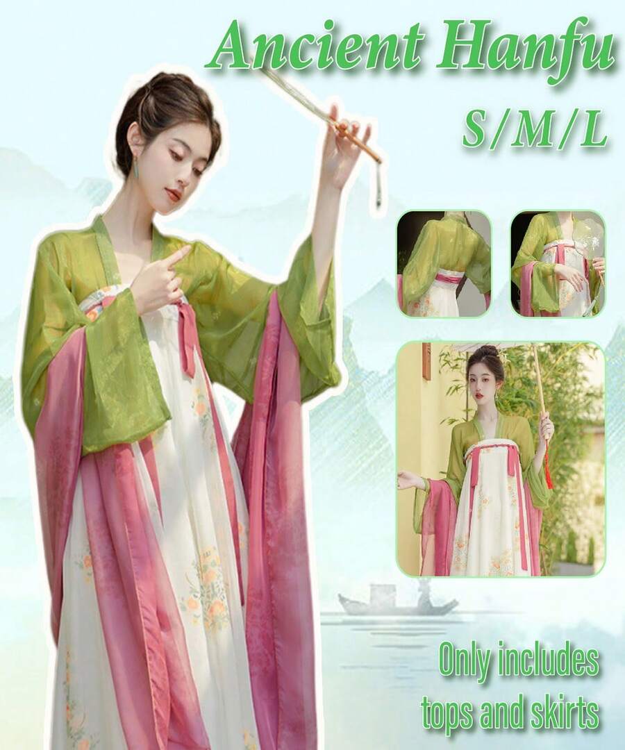 New Chinese Style Women's Clothing, Light National Style, Tang Dynasty Hanfu Elements, Daily High-Waisted Dress, Tea Dress, Fairy-Like Zen-Inspired Skirt, Two-Piece Set - 綠色 - 查看 1