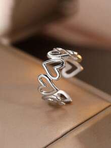1pc Stainless Steel Hollow Heart Shaped Stackable Ring, Vintage French Style Fashion Niche Design Elegant Jewelry For Daily Wear - Ring - View 2