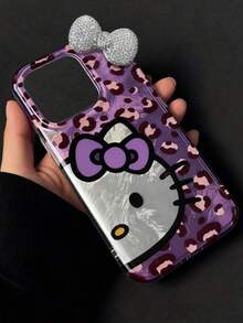 Sanrio 1pc Leopard Print KT Cat Rhinestone Bow Decor Case Compatible With IPhone 11/12/13/14/15/16/17/Pro Max - Purple - View 3