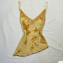 Women V Neck Sequin Cami Top .Y See Through Strape Camisole Cute Beaded Top Going Out Party Outfits - 黃色 - 查看 2