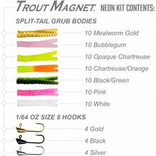 Kit de 82 piezas de imán de trucha de neón para pesca incluye 70 cuerpos de grub anzuelo de trucha y 12 ganchos de trucha de tamaño 8 - Multi - Ver 2