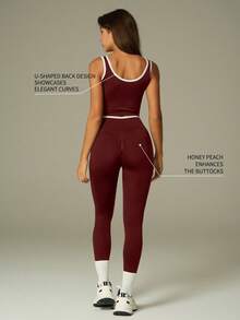 UONNOU مجموعة رياضية للنساء تتكون من 2 قطعة، ملابس علوية بدون أكمام وسروال ضيق، تتميز بتصميم رفع الأرداف على شكل خوخ وخصر ضيق، قماش ناعم ومريح، مناسب للتنس والجولف والريشة والكرة والرياضات الأخرى كاليوغا والبيلاتس والتمارين الخفيفة والجيم والجري والأنشطة الخارجية والتنقل والعمل والتسوق وأوقات الرياضة المختلفة، مجموعة رياضية عصرية بدون غرز، مناسبة لجميع الفصول - عنابي اللون - مشاهدة 4