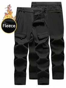 男士保暖内衬工装裤，松紧腰带户外工作裤，秋冬季 - 黑色 - 查看 1