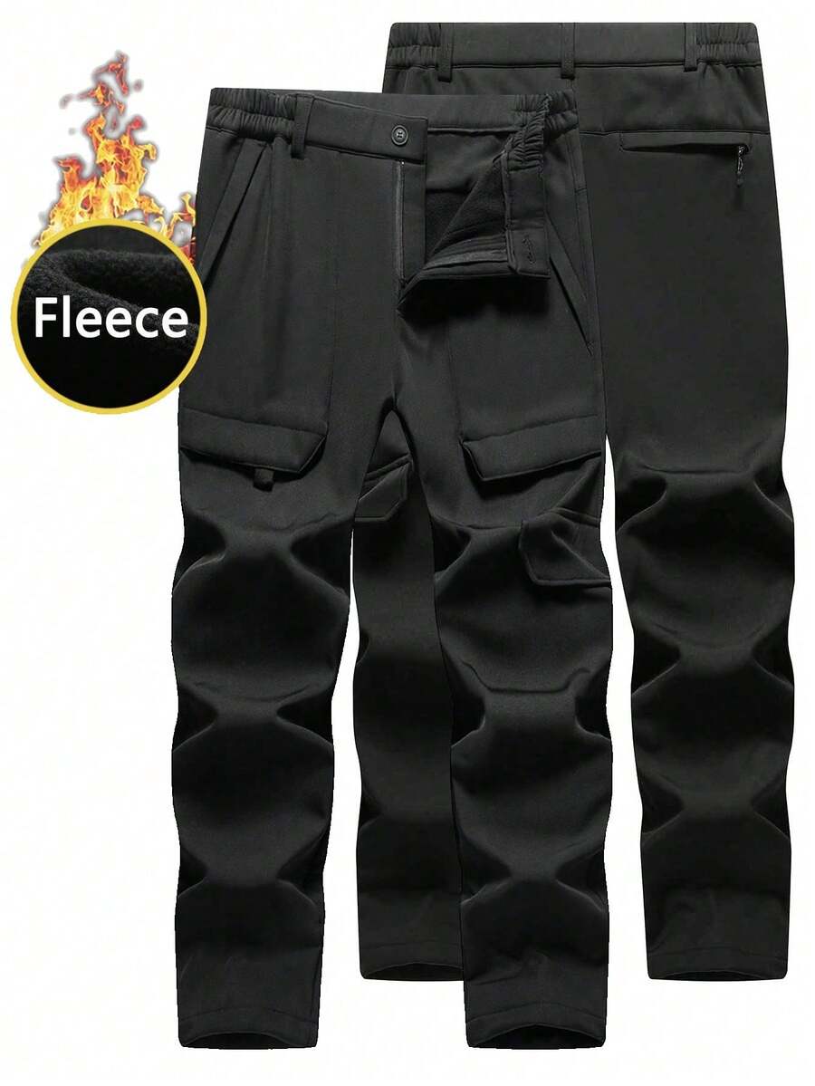 男士保暖内衬工装裤，松紧腰带户外工作裤，秋冬季 - 黑色 - 查看 1