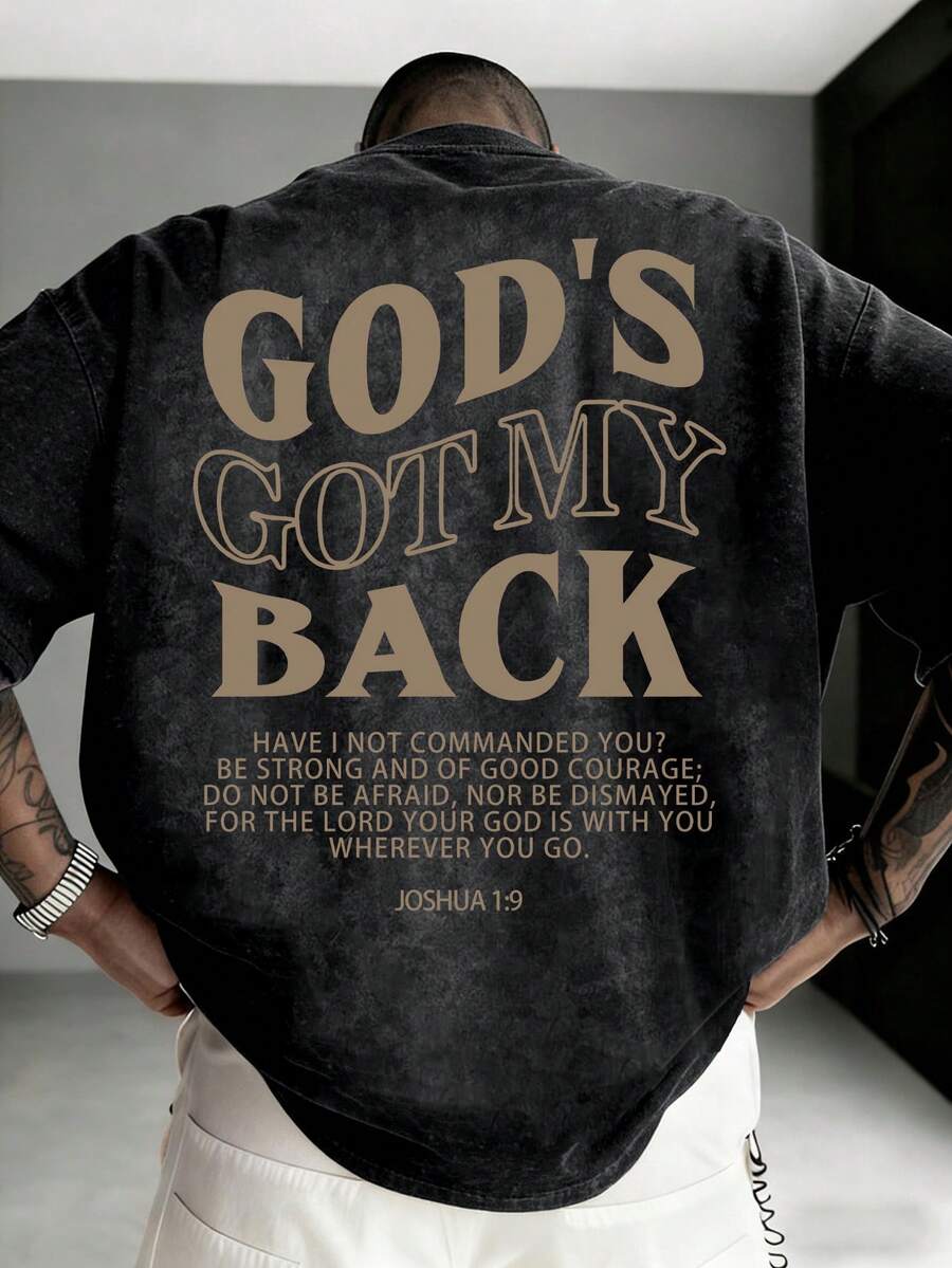 Zrgoth 男士休闲街头极简主义英文标语元素水洗短袖T恤 - 黑色 - 查看 1