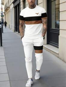 男士时尚印花圆领短袖T恤和裤子套装 - 彩色 - 查看 1