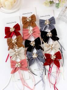 6个天鹅绒水钻蝴蝶结发夹，饰有珍珠飘带，可爱女孩校园风发饰，适合日常佩戴和派对，秋冬季 - 彩色 - 查看 6