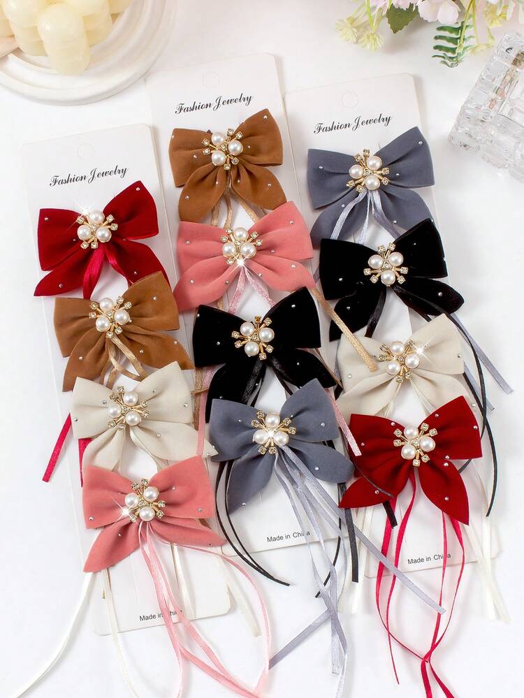 6 دبابيس شعر مزينة بالقوس المخملي والراين والخرز، إكسسوارات شعر بأسلوب مدرسي جميل للفتيات، مناسبة للارتداء اليومي والحفلات، خريف/شتاء - متعدد الألوان - مشاهدة 6