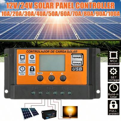 Intelligent Photovoltaic Charging Regulator 100A Solar Controller 12V/24V Automatic Recognition Dual USB+LCD Screen Photovoltaic Charging Regulator