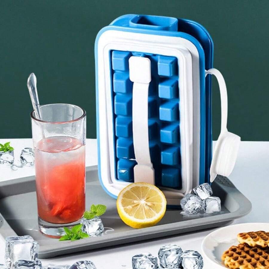 1pc Reusable 16-Cavity Ice Cube Tray, ABS Ice Block Mold, No-Touch Ice Making And Releasing, Kitchen & Bar Accessories (Blue/Green) - Multicolor - View 1