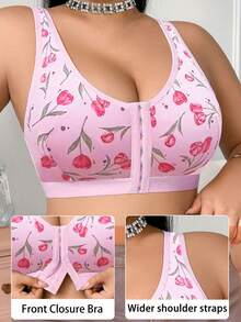 Plus Size Comfortable Wireless Printed Front Closure Bra - Pink - View 6
