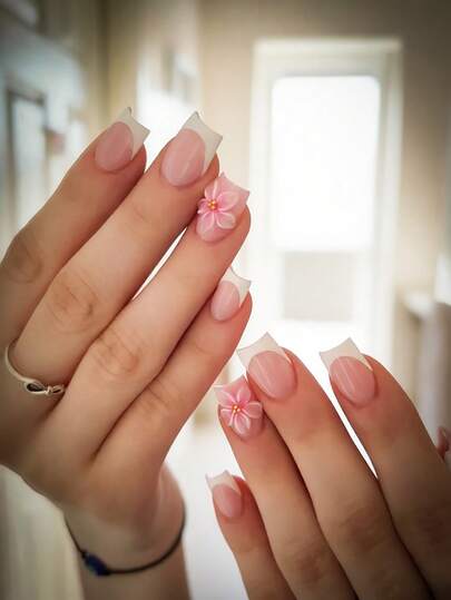 [Valentine's Day Gift]10pcs Y2K Style | White Border Flower Press On Nails | Handmade French Square Nails | White French Border+White Border Flower Fake Nails | Gentle And Sweet, Must-Have Nails For All Seasons | Suitable For Commuting Party, Daily Use | Is The Best Gift For Girls And Women. Nail Supplies