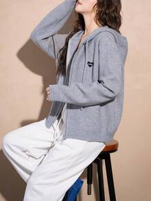 Women's Casual Front Embroidery Hooded Zip-Up Cardigan Jacket, Spring - Grey - View 3