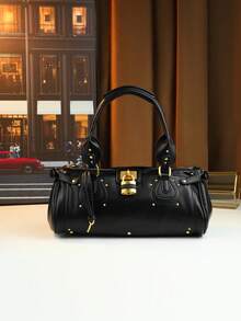 Classic New Motorcycle Style Rivet Lock Head Handbag, Large Capacity Pillow Bag - Black - View 2