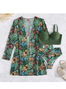 Women's Bikini Swimsuit Set + Kimono Beach Cover-Up, 3 Bikini Sets With Plant Print And Kimono For Summer At The Beach - màu xanh lá - Xem 3