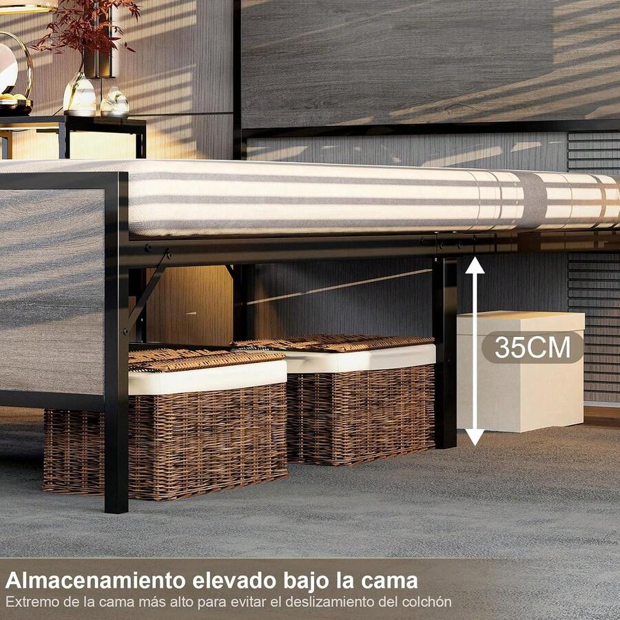 Base de Cama Individual,1M Cama Individual,Base de Cama con Cabecero y Pie de Cama,Bases para Camas Individuals,con Bases Camas Soporte de Lamas Metálicas,195CM*100CM*35CM (Gris) - Color retro - Ver 1