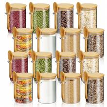 48 Pcs Glass Jars With 16 Cups, 16 Bamboo Lids And 16 Bamboo Spoons, 18 Ounces Large Capacity Sealed Storage Jar For Loose Tea, Transparent And Visible Kitchen Pantry Containers, Container Airtight For Coffee Beans, Spice, Sugar, Candy, Salts And More - Clear-16 Piece - 查看 1