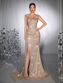 新款性感亮片拼接珍珠领开衩拉链优雅女士绷带鸡尾酒裙，适合派对、婚礼、正式场合 - 杏色 - 查看 6