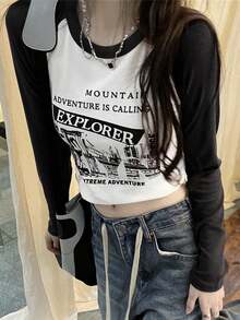 女士春季新款短款修身撞色圆领字母印花简约百搭长袖T恤 - 黑與白 - 查看 5