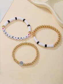 Set de 3 piezas Pulsera con dijes de pelotas deportivas, pulsera minimalista con cuentas de letra de fútbol, baloncesto, béisbol - Joyería de lujo para mujer, adecuada para uso diario y de fiesta - Multicolor - Ver 5