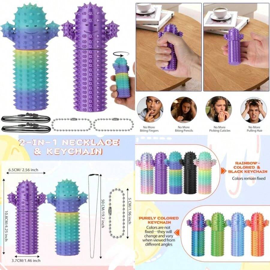 Little Ouchies Pain Fidget, 2PCS Pain Stim Fidget Toy For Adults, Spiky Grippie Tool, 3D Printed Stim Sensory Toys Keychain Pendant For Anxiety Stress Relief, Gifts For Adult With Autism ADHD(Cactus - Purple & Rainbow 2-Pack) - 彩色 - 查看 1
