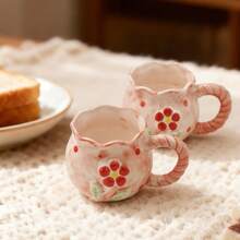 2个创意手绘梅花图案陶瓷咖啡杯，适合派对、办公室和家庭使用 - 粉色 - 查看 6