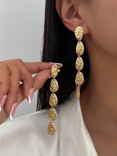 1 Pair Retro Asymmetric Metal Geometric Oval Tassel Earrings, Minimalist Fashionable Elegant Alloy Earrings, Suitable For Daily Outfit, Party Accessories, Jewelry