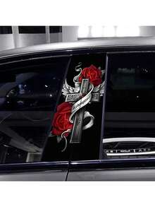 2pcs Angel Wings & Rose Redemption Cross Car B-Pillar Stickers - Durable PVC Material, Waterproof, Scratch-Resistant