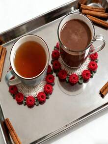 2pcs/Set Handmade Crochet Tulip Coasters, Tulip Bouquet Coasters With Basket, Heat-Resistant Pads, Tabletop Decor, Holiday Gift, Unique Creativity, Suitable For Home Decor, Valentine's Day Decor, Wedding Gift, Anniversary Gift, Girlfriend Gift, Mother's Day Gift, And Valentine's Day Gift. - Multicolor - View 5